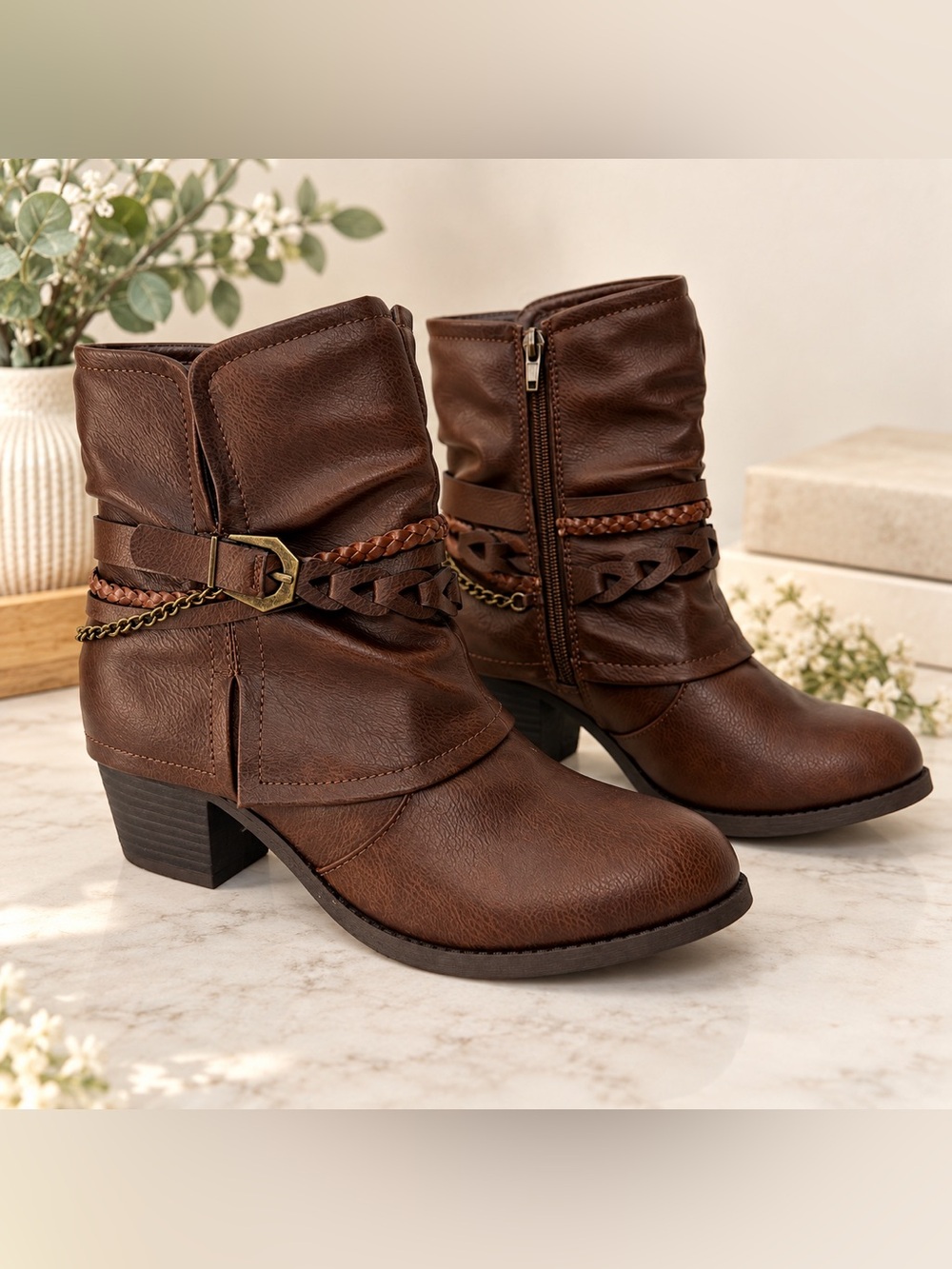 Jellypop Silverlake Women's Brown Ankle Bootie Zip Block Heel Round Toe 8M